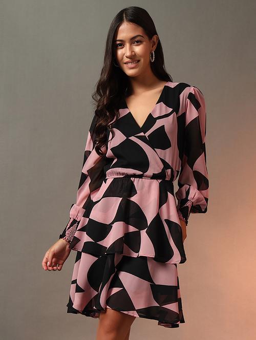 women printed puff sleeves layered dress - 21922649 -  Standard Image - 0