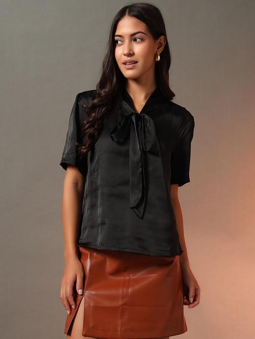 women solid tie up neck puff sleeves top - 21922650 -  Standard Image - 0