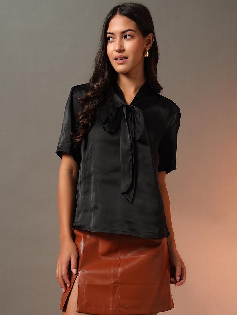 women solid tie up neck puff sleeves top - 21922650 -  Zoom Image - 0