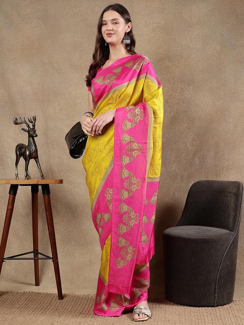 women yellow printed saree with blouse - 21922912 - Standard Image - 2