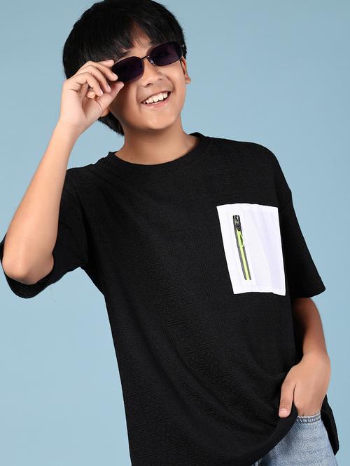 boys black placement print round neck t-shirt - 21923541 - Standard Image - 0