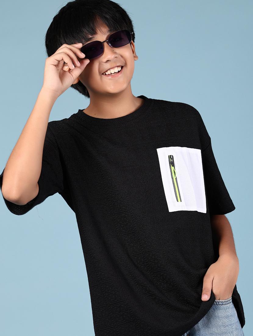 boys black placement print round neck t-shirt