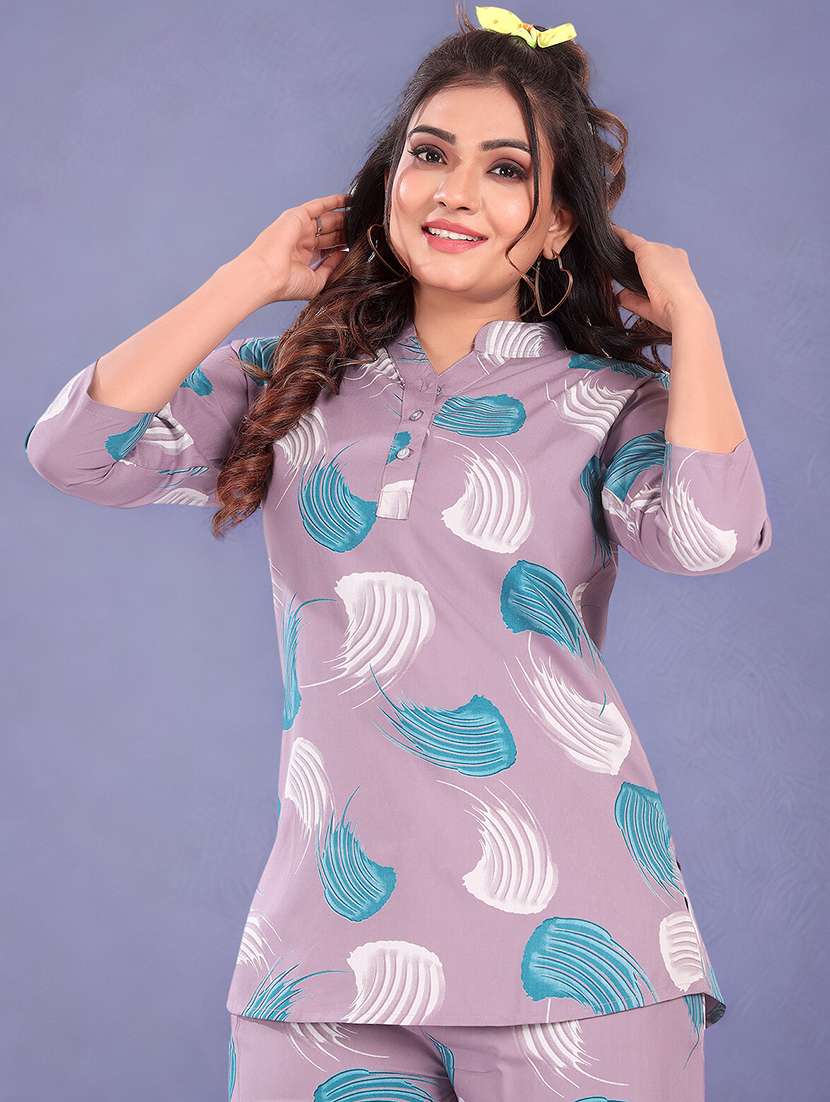 womn printed mandarin neck co-ord set