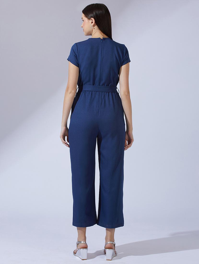 women solid overlap neck full length jumpsuit - 21923734 - Standard Image - 2