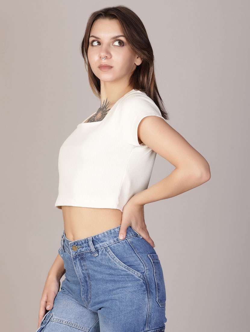 women solid short sleeve crop top - 21923802 -  Standard Image - 2