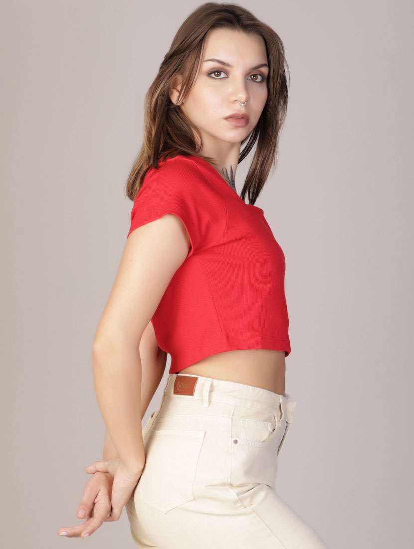 women solid short sleeve crop top - 21923806 -  Standard Image - 2