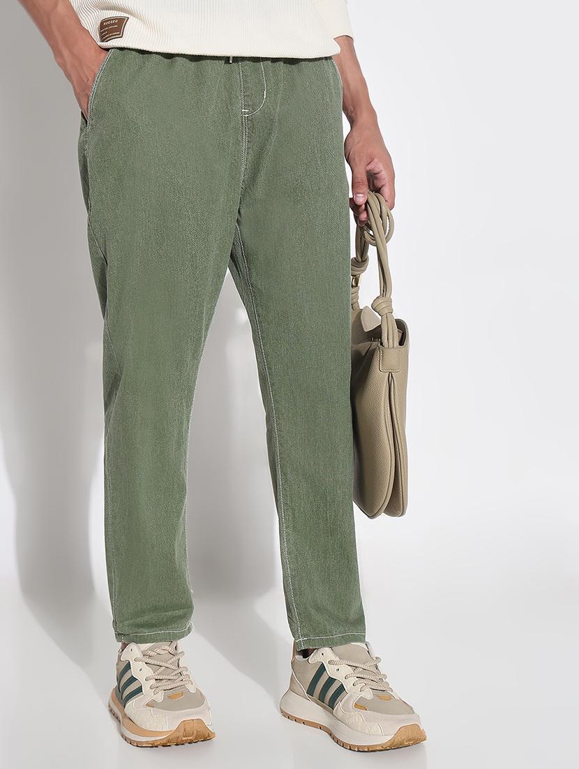 men olive solid mid rise slim fit trouser