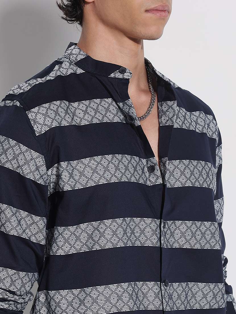 men printed long sleeve mandarin neck casual shirt - 21923961 -  Standard Image - 2