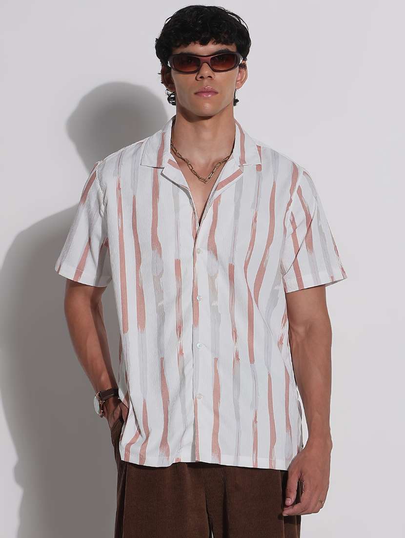 men's white striped cotton blend casual shirt