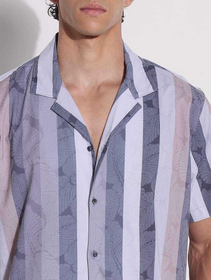 men striped cuban collar short sleeve loose fit shirt - 21923985 -  Standard Image - 2