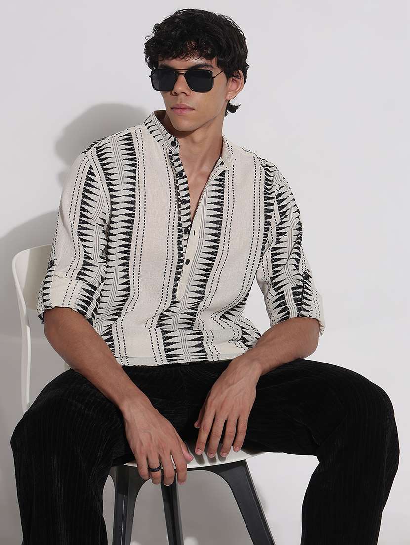 men printed long sleeve mandarin neck casual shirt