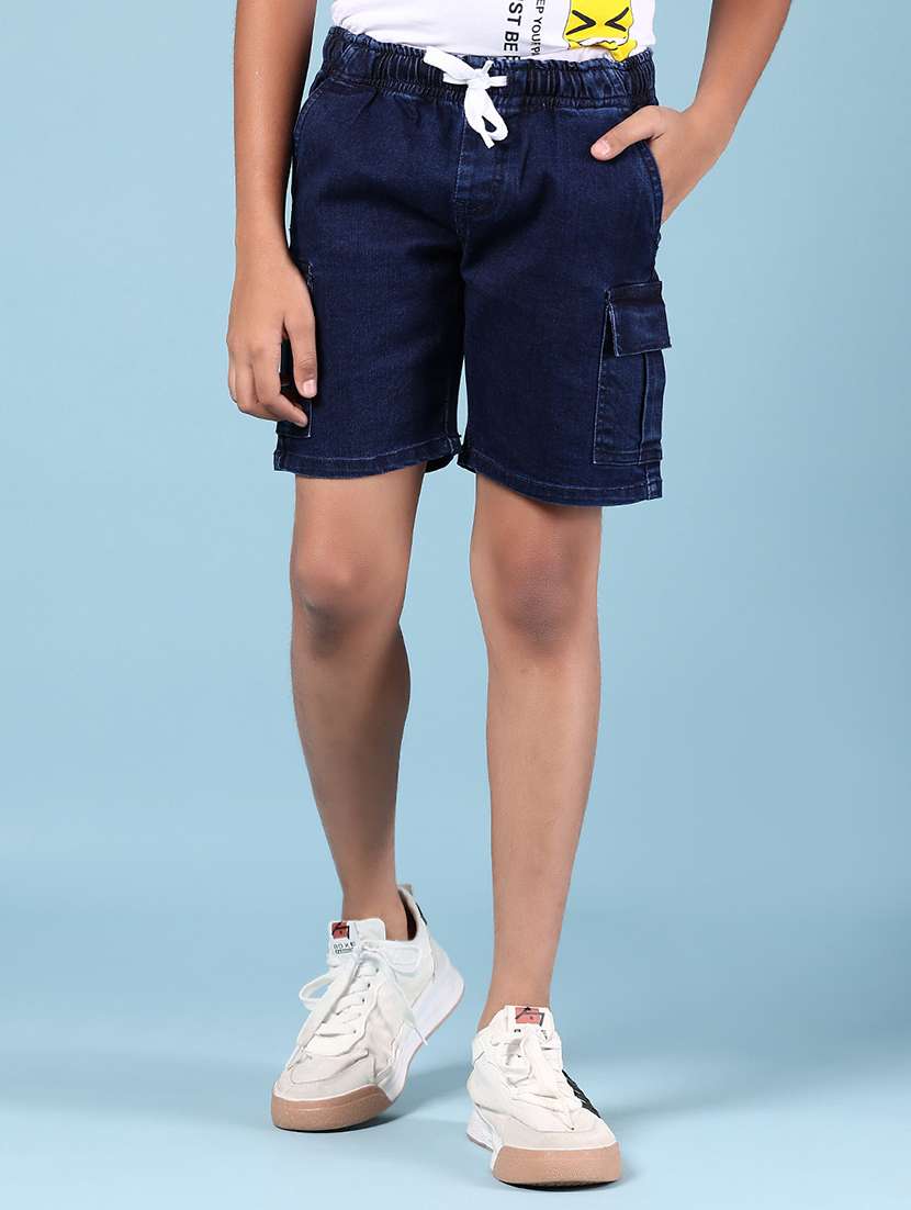 boys navy blue solid mid rise cargo shorts
