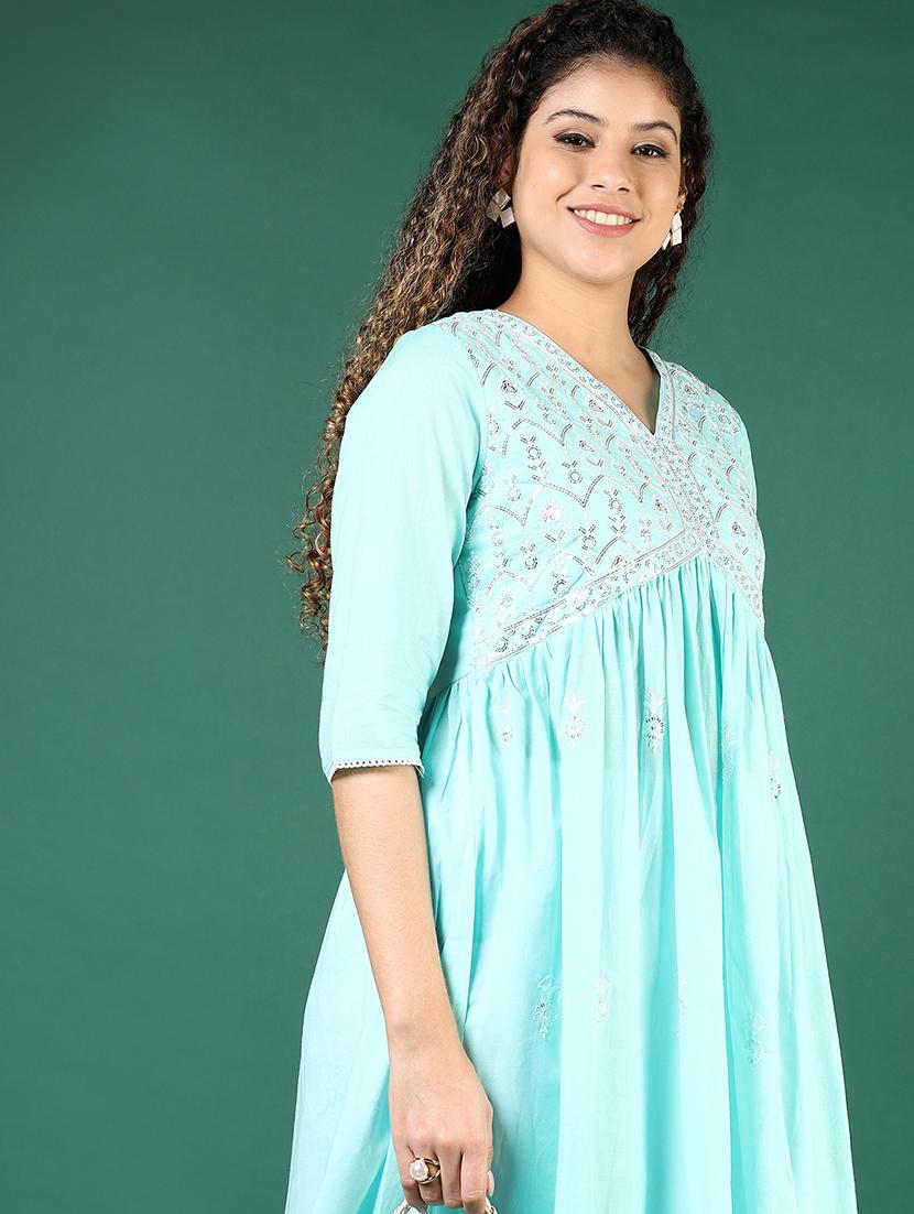 women three quarter sleeve a-line kurta - 21924654 - Standard Image - 2