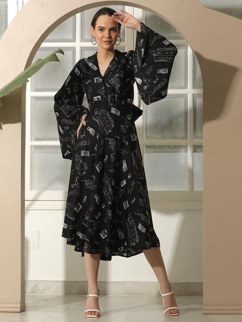 women printed flared sleeve fit & flare dress - 21924893 - Zoom Image - 0