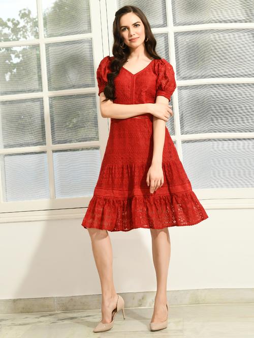 red cotton fit & flare dress - 21924903 -  Standard Image - 0