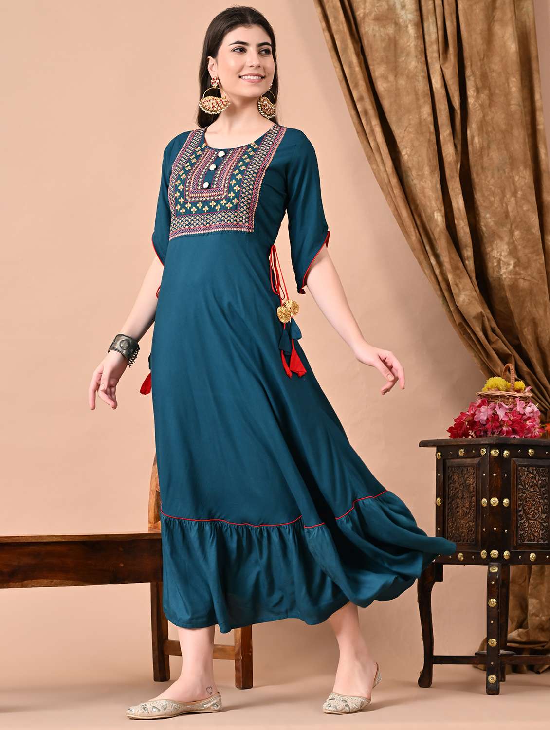 women embroidered three quarter sleeve ethnic dress - 21924912 - Standard Image - 2