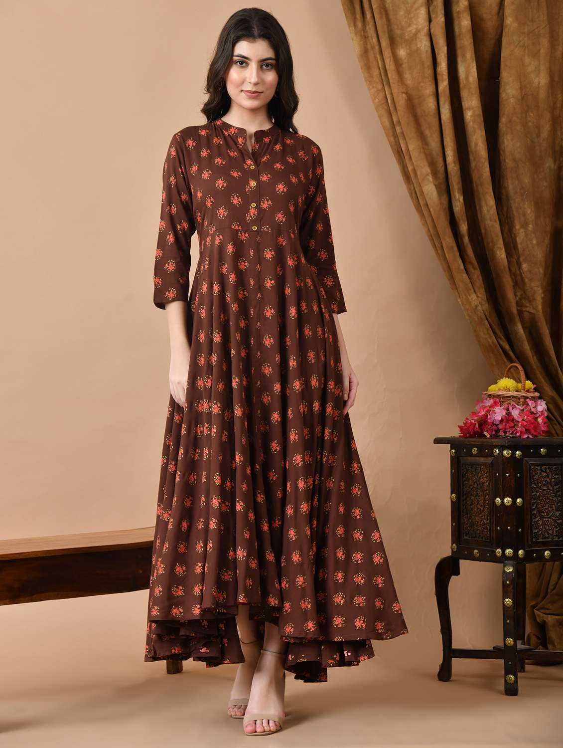 women floral three quarter sleeve ethnic dress