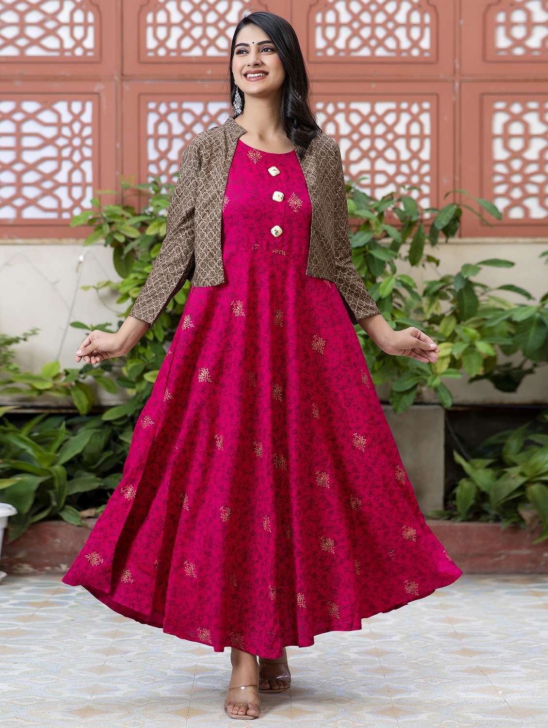 women printed long sleeve ethnic dress