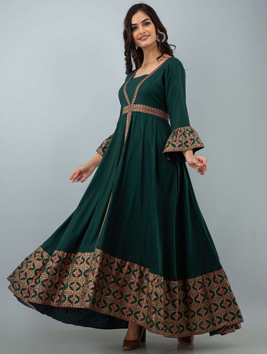 women foil printed bell sleeve ethnic dress - 21924921 - Standard Image - 2
