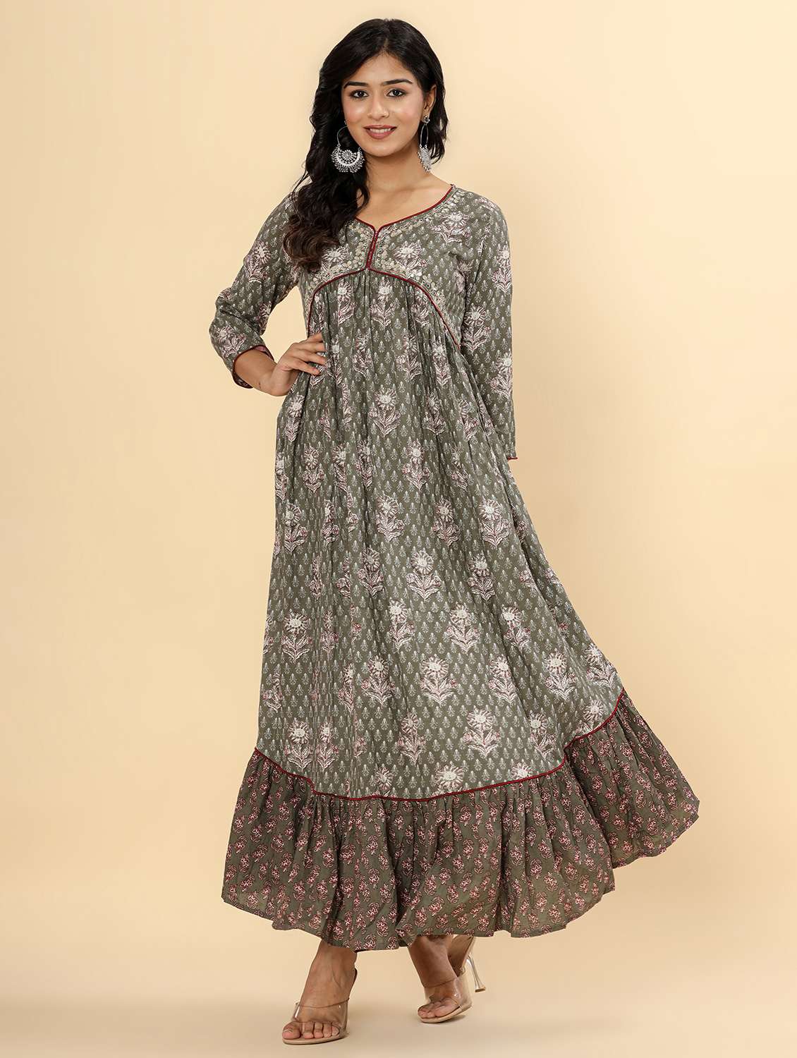 women three quarter sleeve ethnic dress - 21924925 - Standard Image - 2