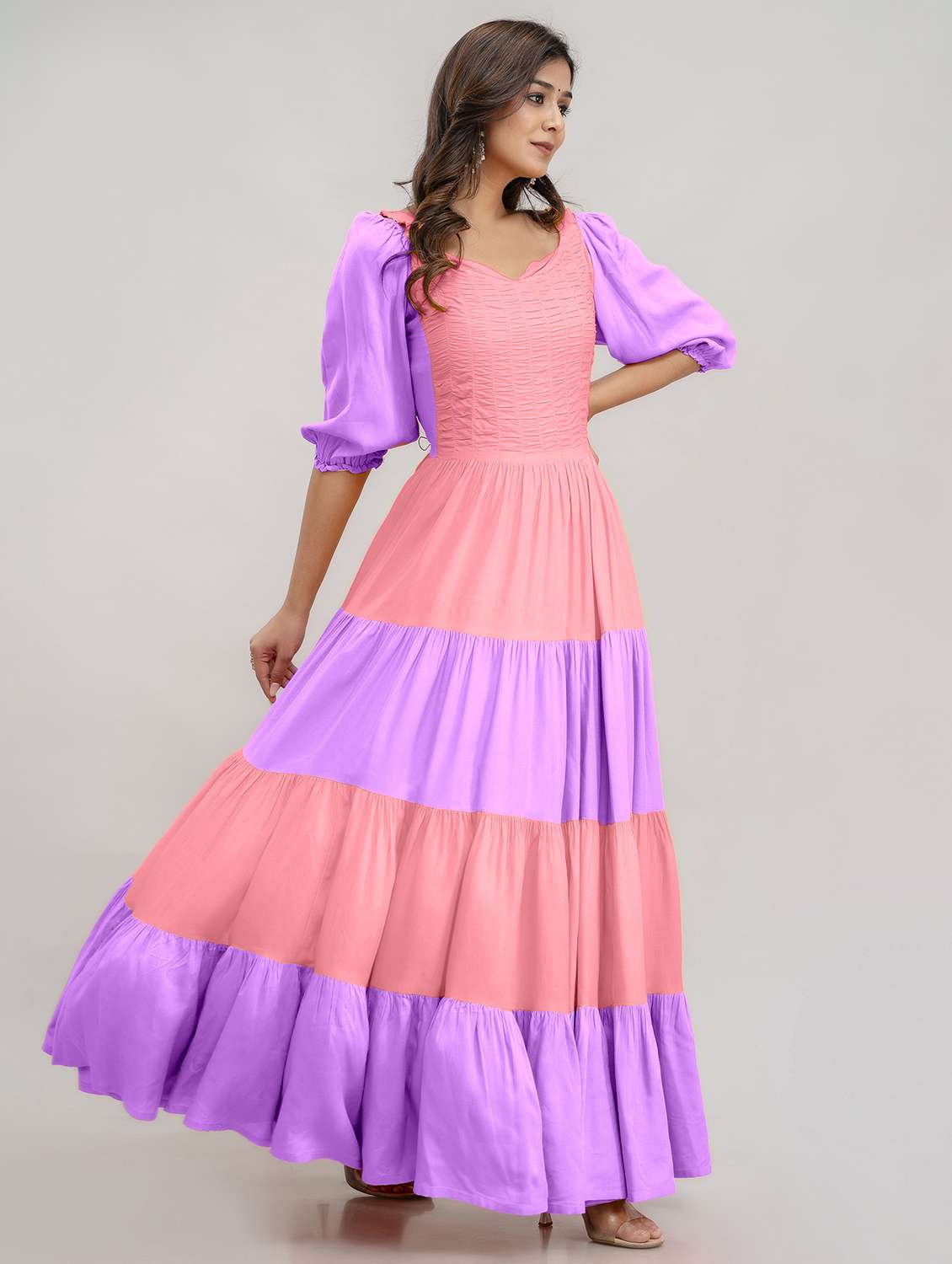 women color block puff sleeve tiered ethnic dress - 21924926 - Standard Image - 2