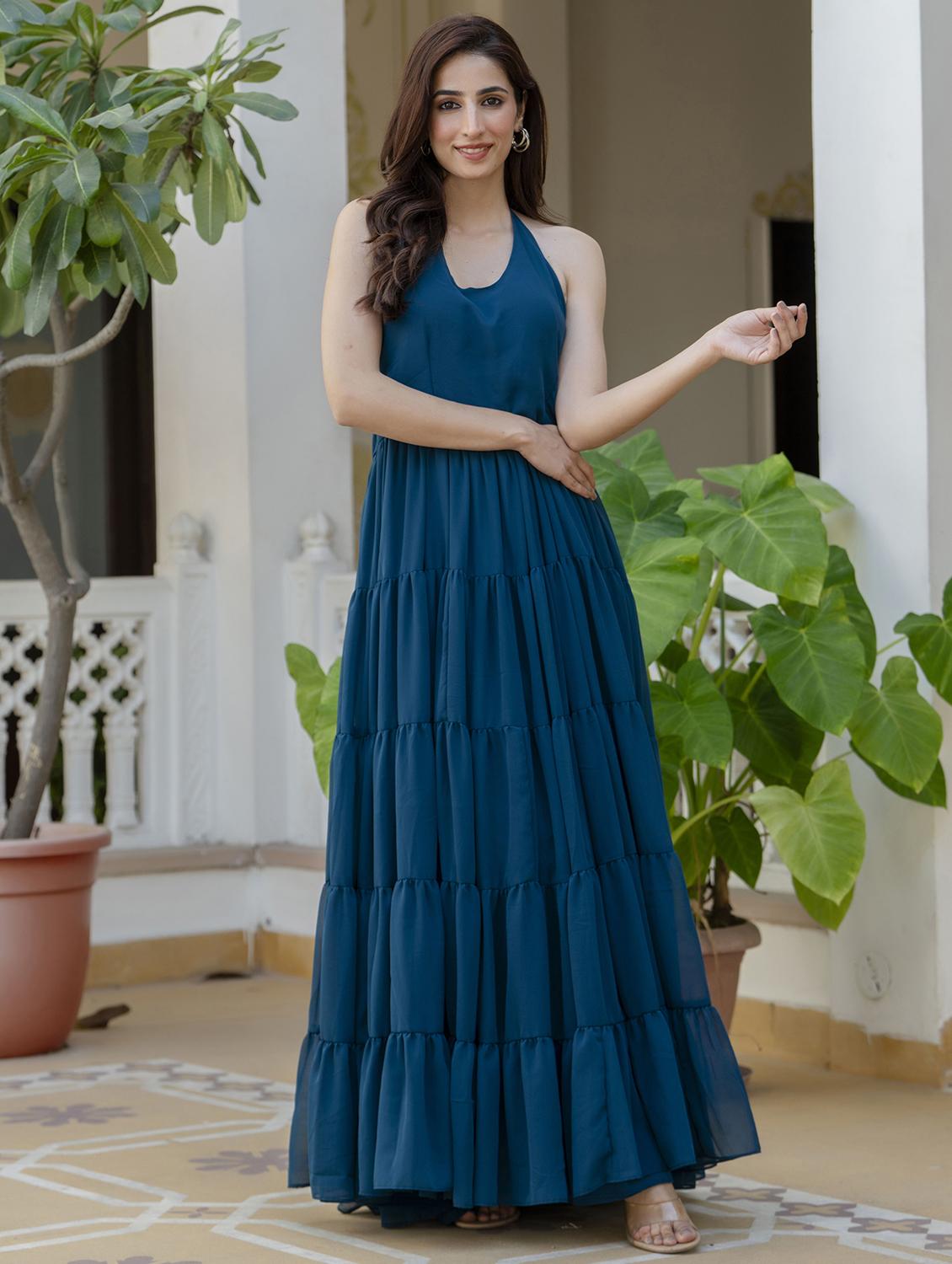 women teal solid halter neck tiered dress - 21924930 - Zoom Image - 0