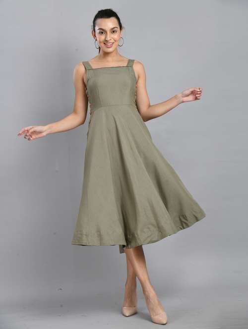 women olive solid sleeveless fit & flare dress - 21924980 -  Standard Image - 0