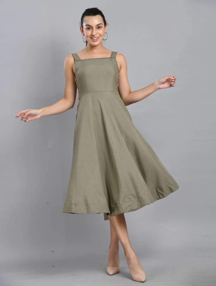 women olive solid sleeveless fit & flare dress - 21924980 -  Zoom Image - 0