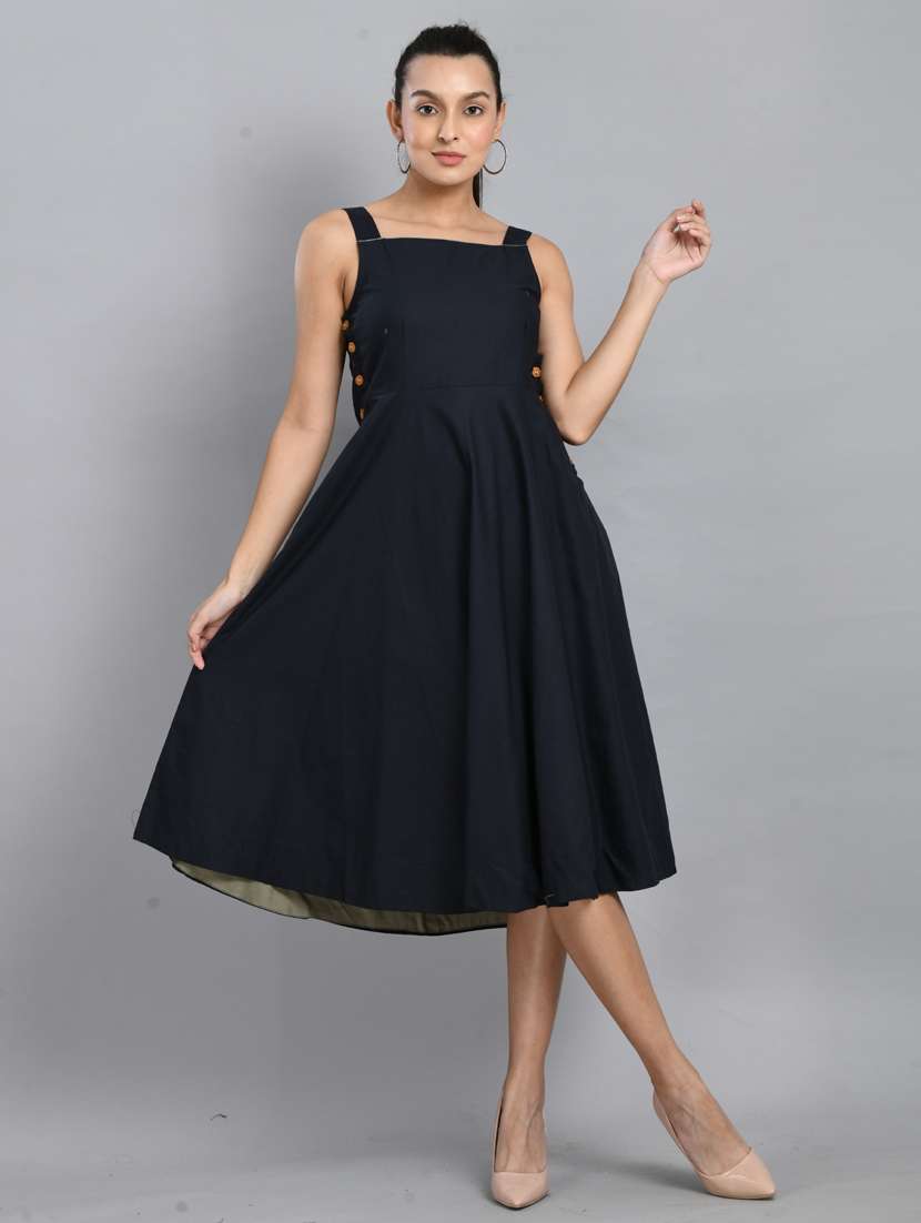 women navy blue solid sleeveless fit & flare dress