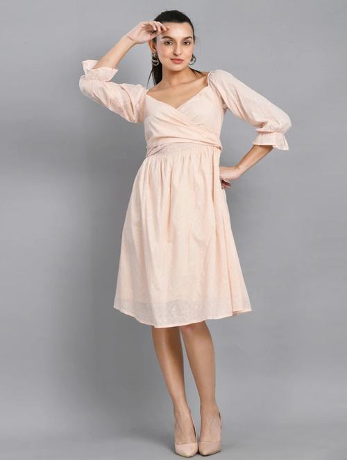 women peach solid puff sleeve fit & flare dress - 21924982 - Standard Image - 0