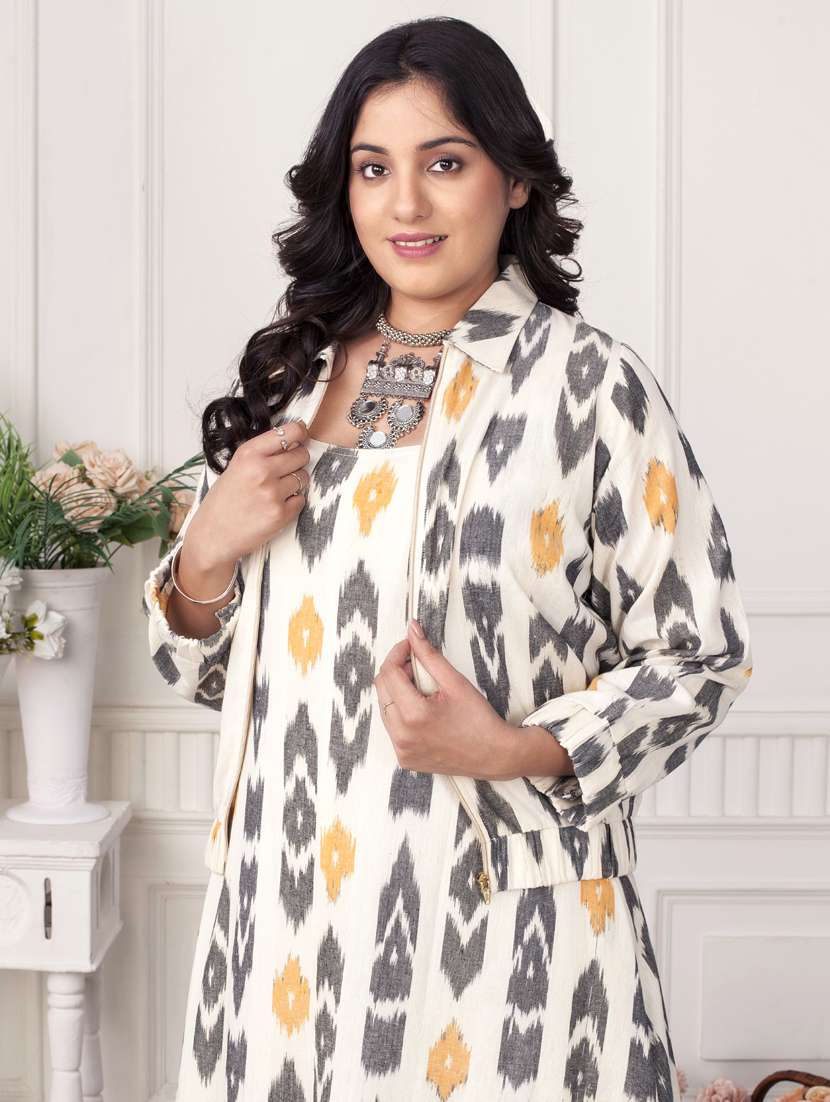 women off white ikat print long sleeve ethnic dress - 21924993 - Standard Image - 2