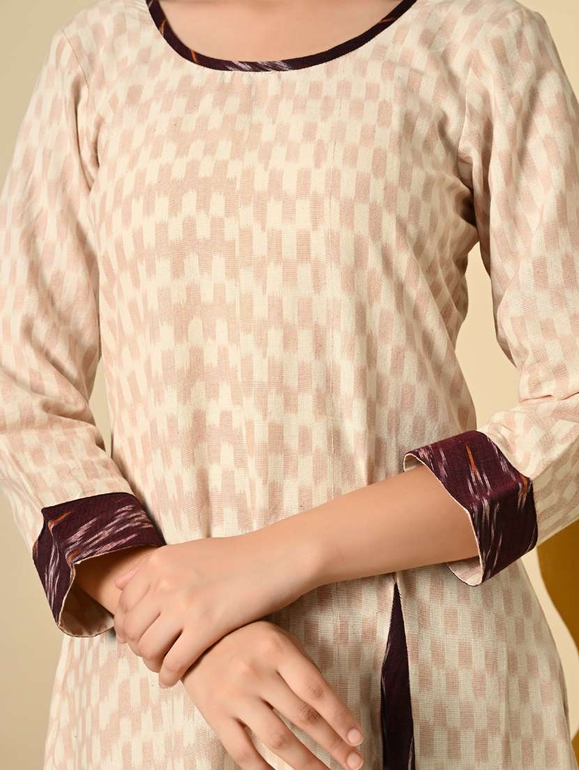 women cream ikat print long sleeve ethnic dress - 21924997 - Standard Image - 2