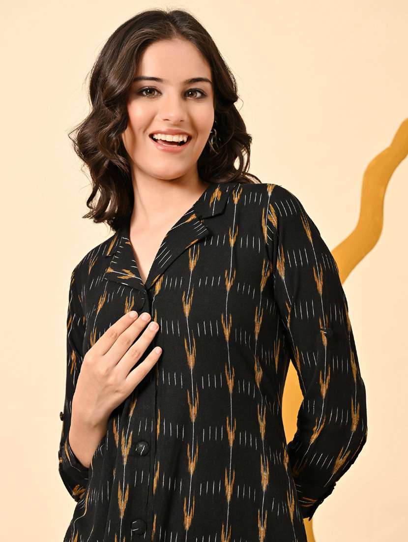 women ikat print roll up sleeve a-line ethnic dress - 21924999 - Standard Image - 2