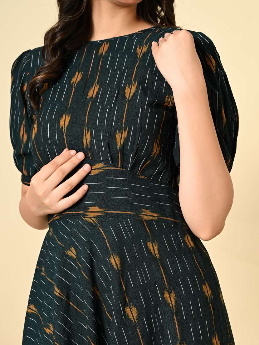women ikat print puff sleeve fit & flare ethnic dress - 21925000 - Standard Image - 2