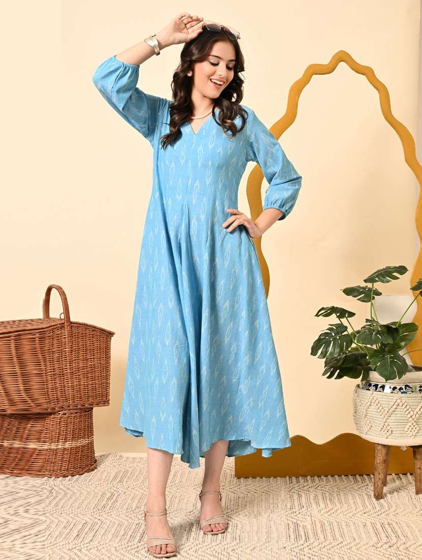 women ikat print three quarter sleeve ethnic dress