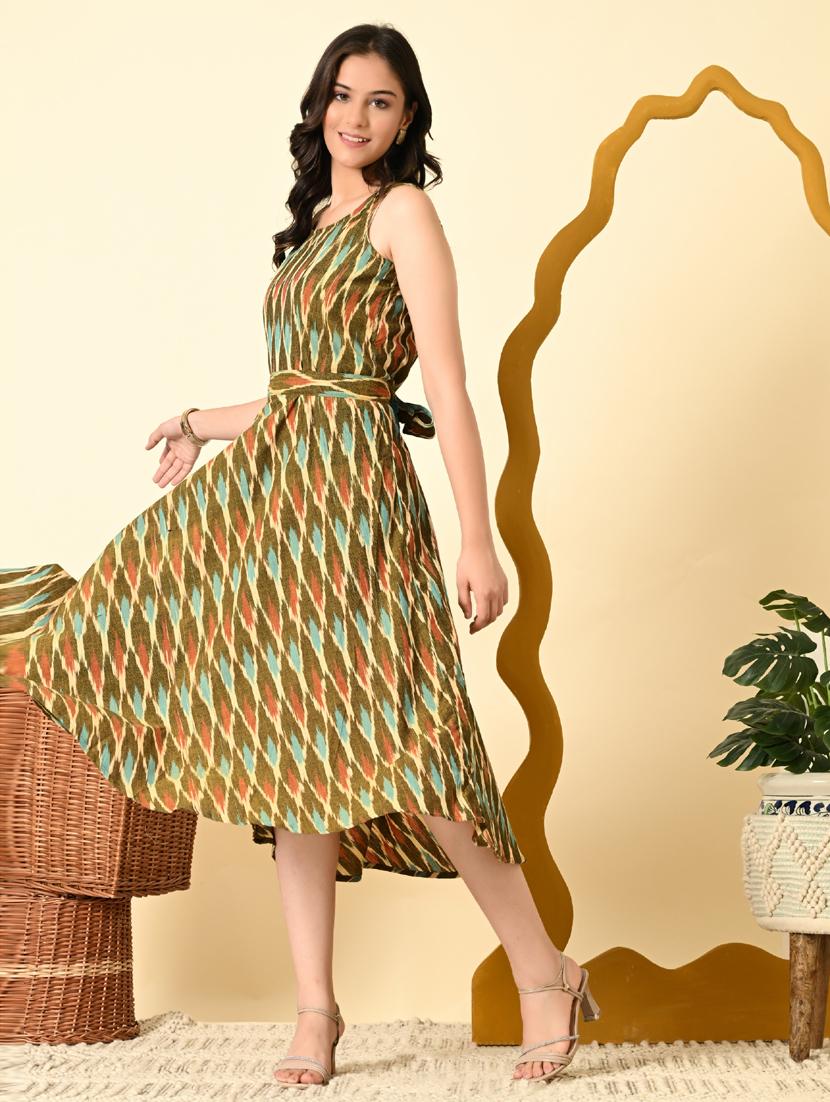 women olive ikat print sleeveless ethnic dress - 21925006 - Standard Image - 7