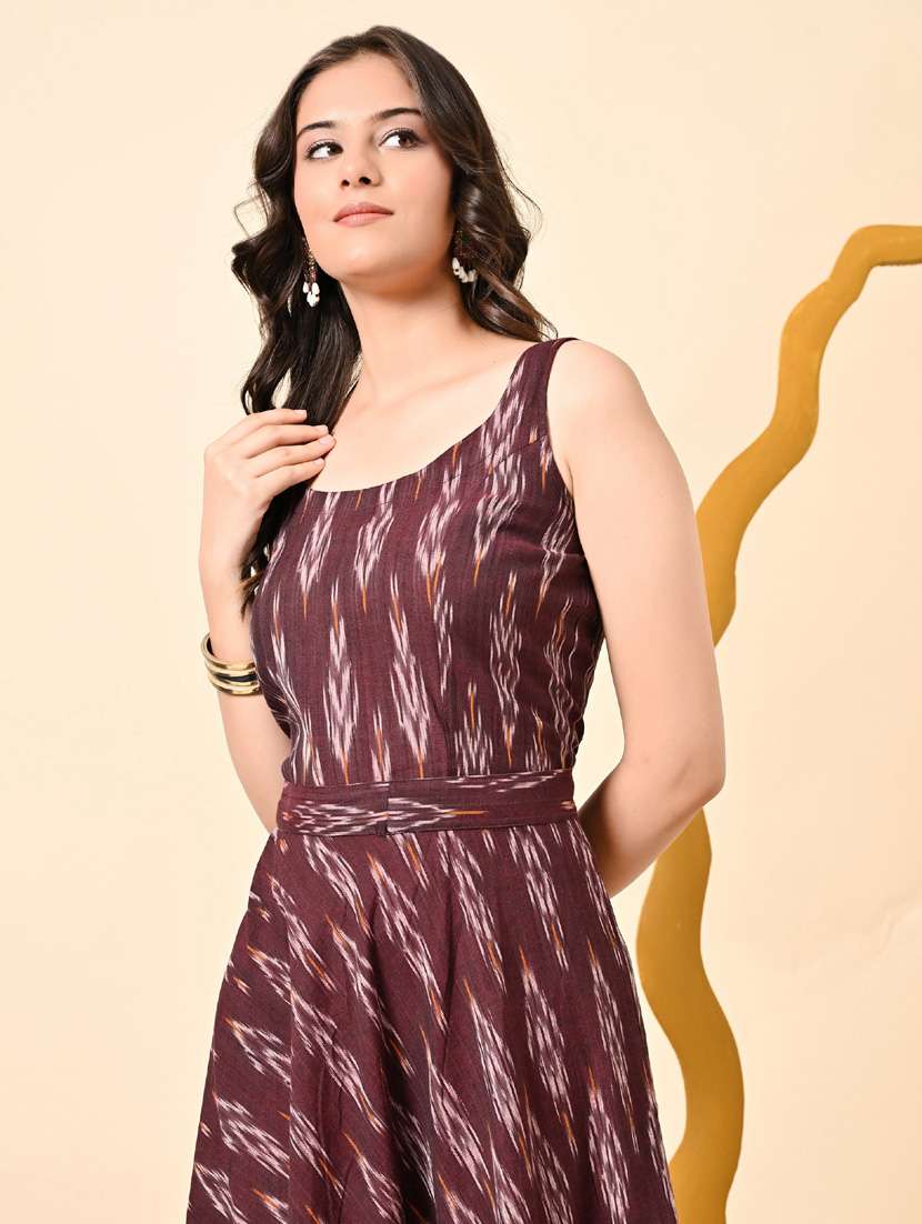 women maroon ikat print sleeveless ethnic dress - 21925007 -  Standard Image - 7
