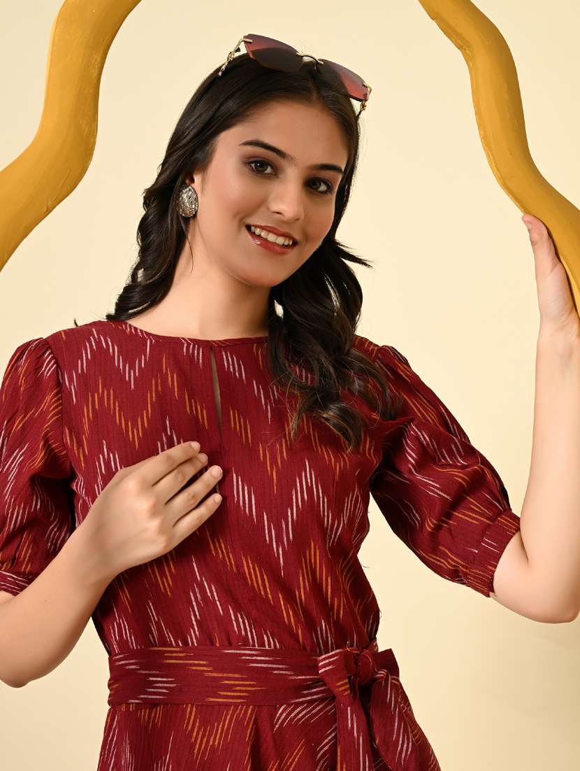women maroon ikat print puff sleeve ethnic dress - 21925008 -  Standard Image - 2