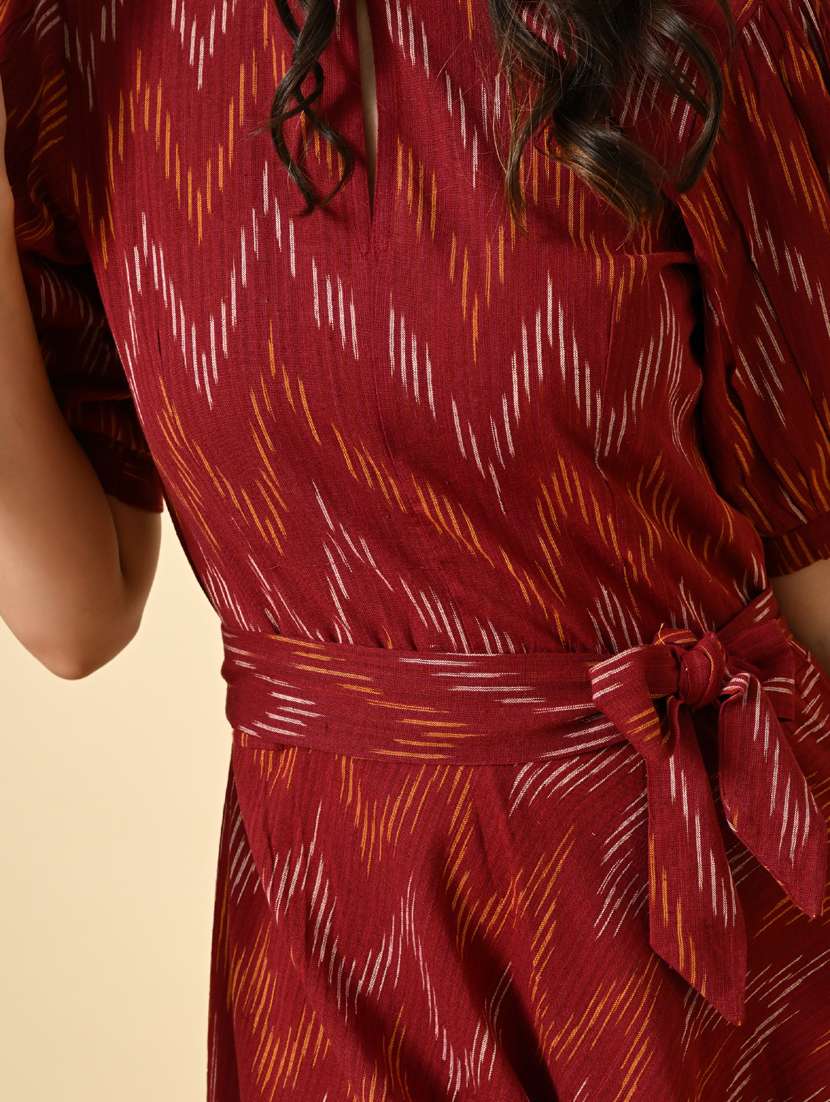 women maroon ikat print puff sleeve ethnic dress - 21925008 -  Standard Image - 7