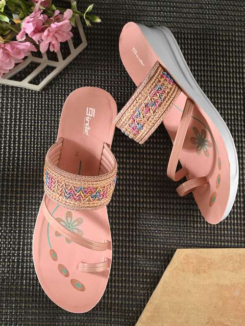 women pink embroidered slip on wedge