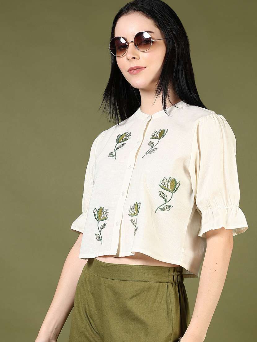 women embroidered puff sleeves crop top