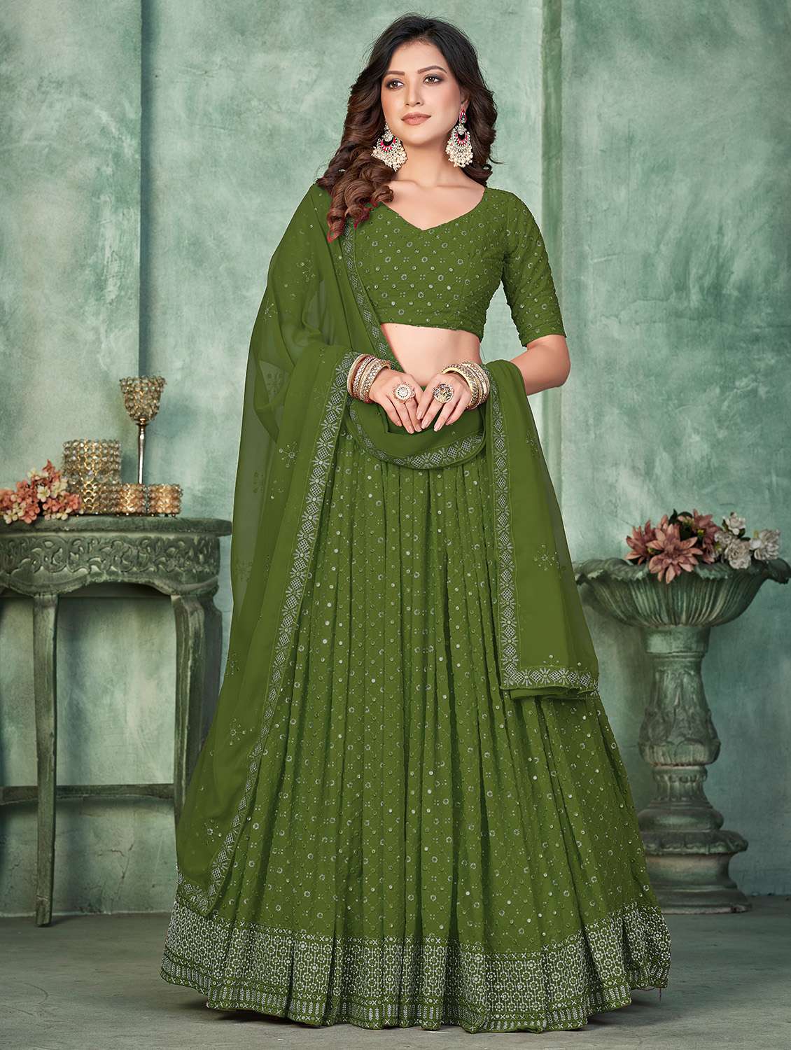 women sequined flared semi stitched lehenga - 21925199 - Zoom Image - 0