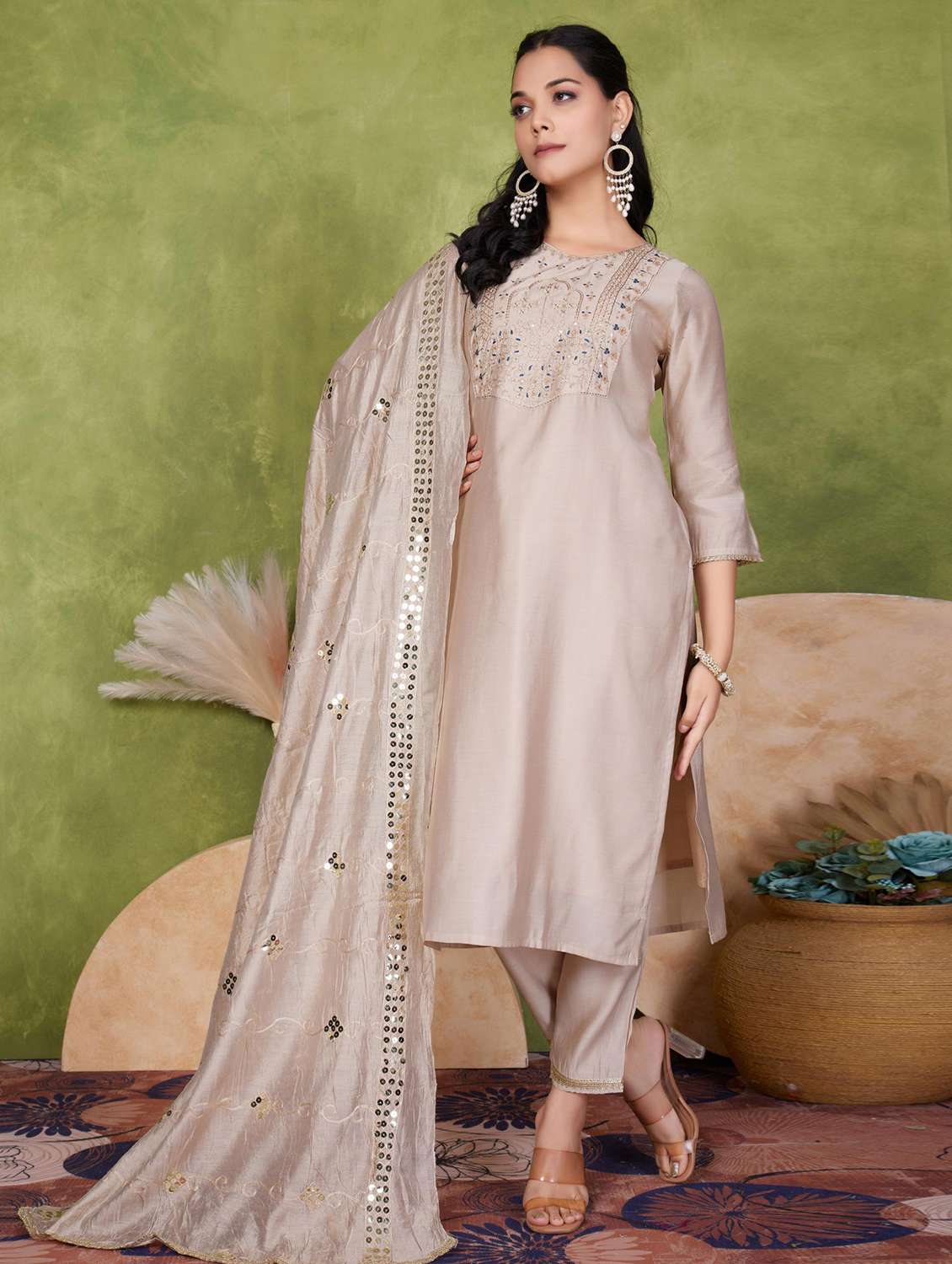 women three quarter sleeve kurta pant with dupatta set