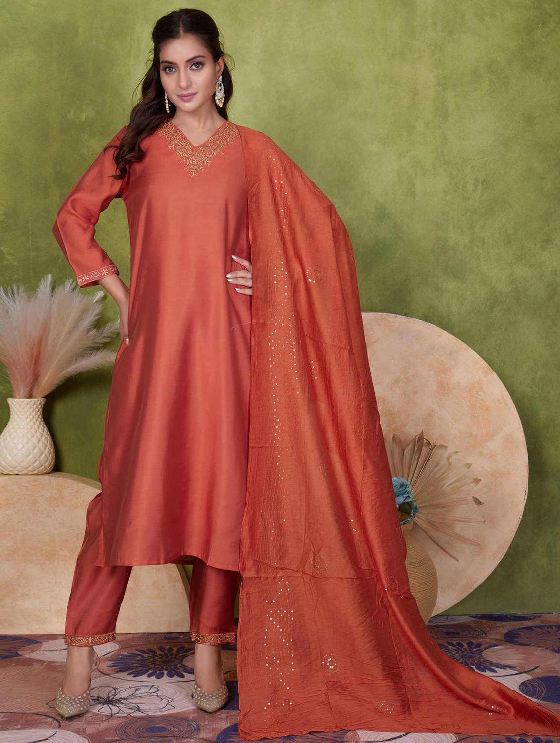 women three quarter sleeve kurta pant with dupatta set
