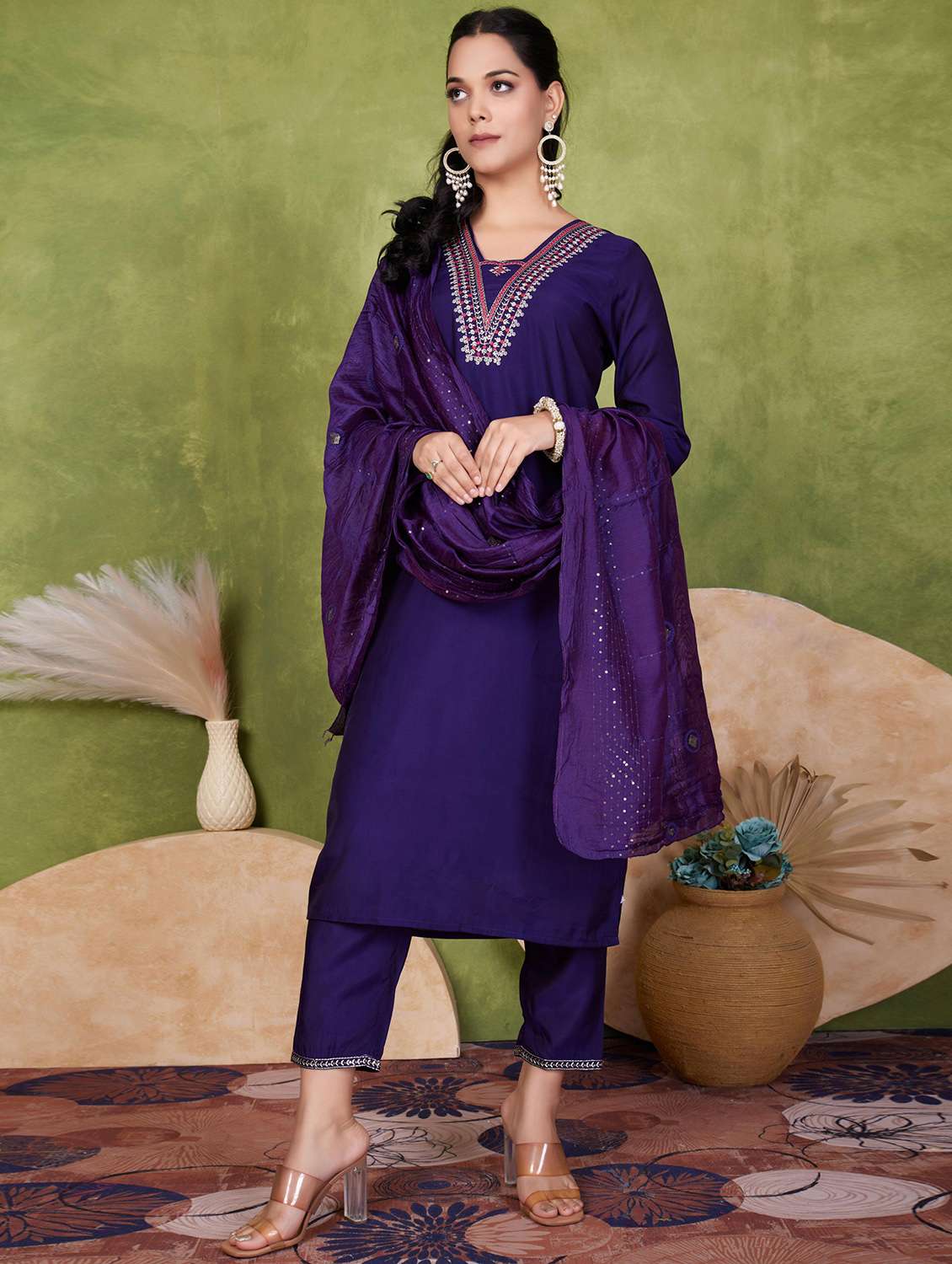 women three quarter sleeve kurta pant with dupatta set