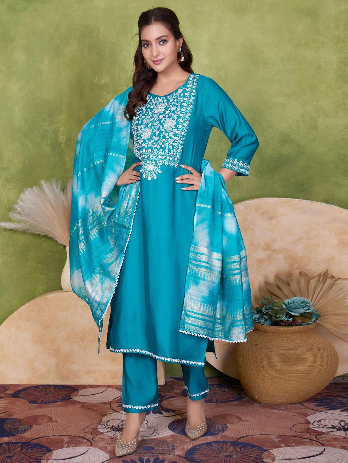 women three quarter sleeve kurta pant with dupatta set