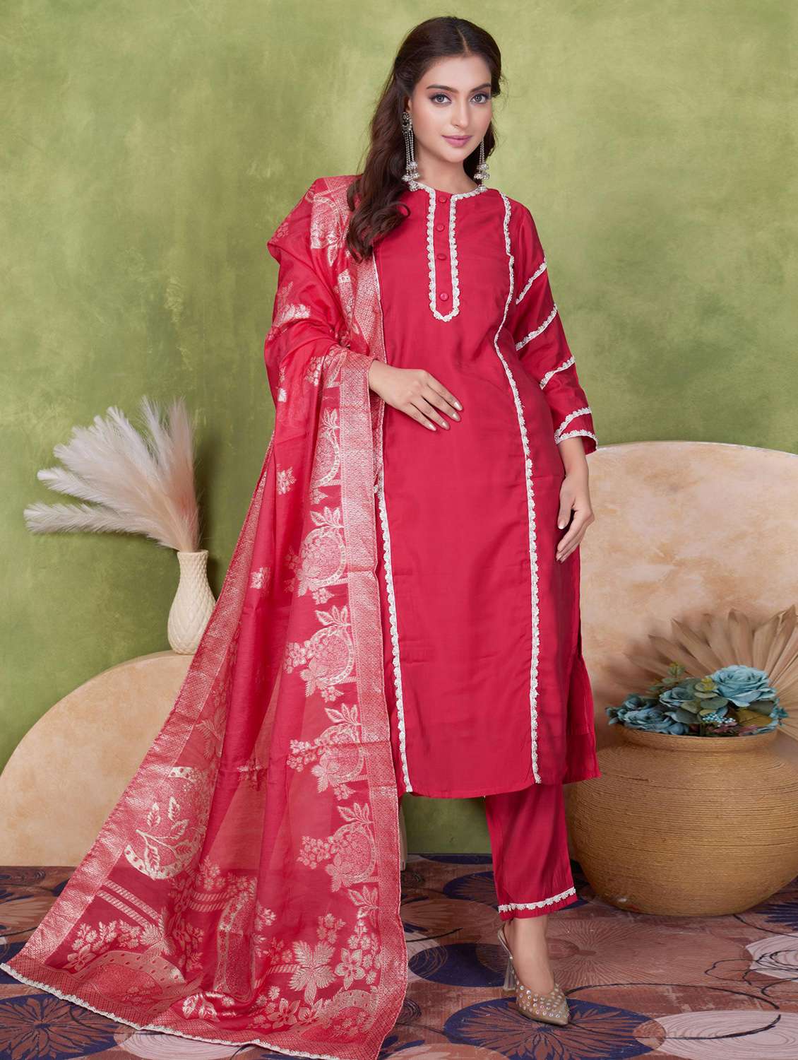 women three quarter sleeve kurta pant with dupatta set