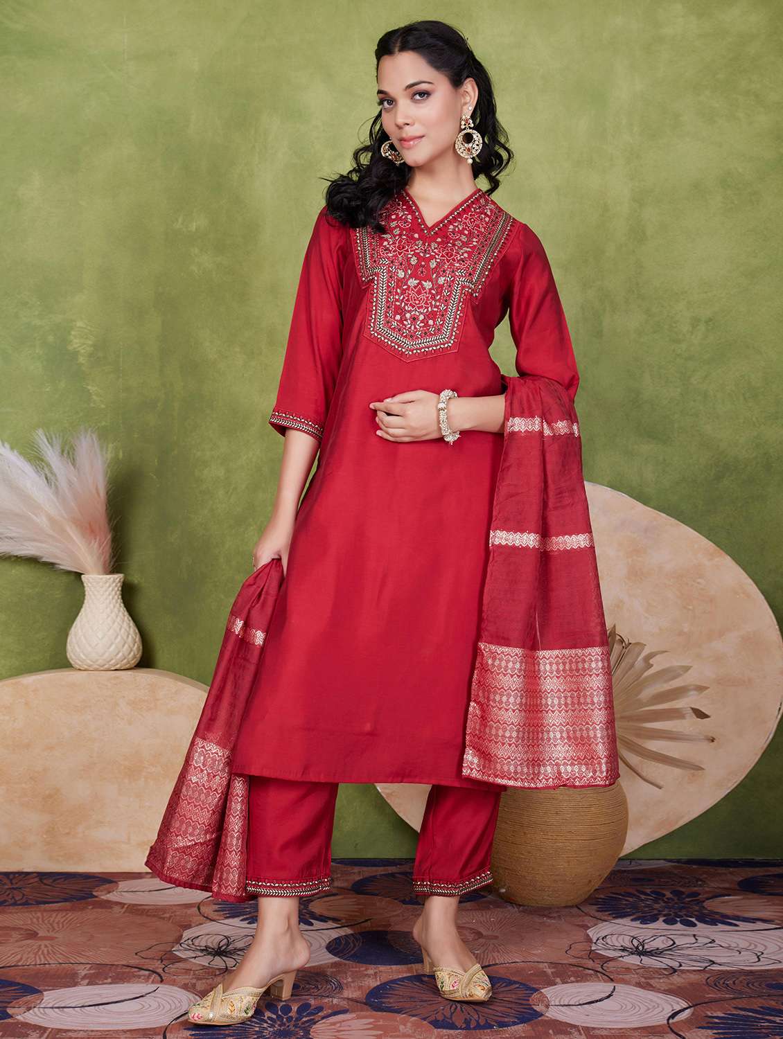 women three quarter sleeve kurta pant with dupatta set - 21925271 -  Zoom Image - 0