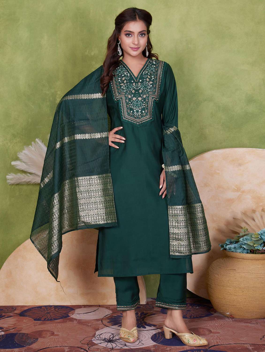 women three quarter sleeve kurta pant with dupatta set