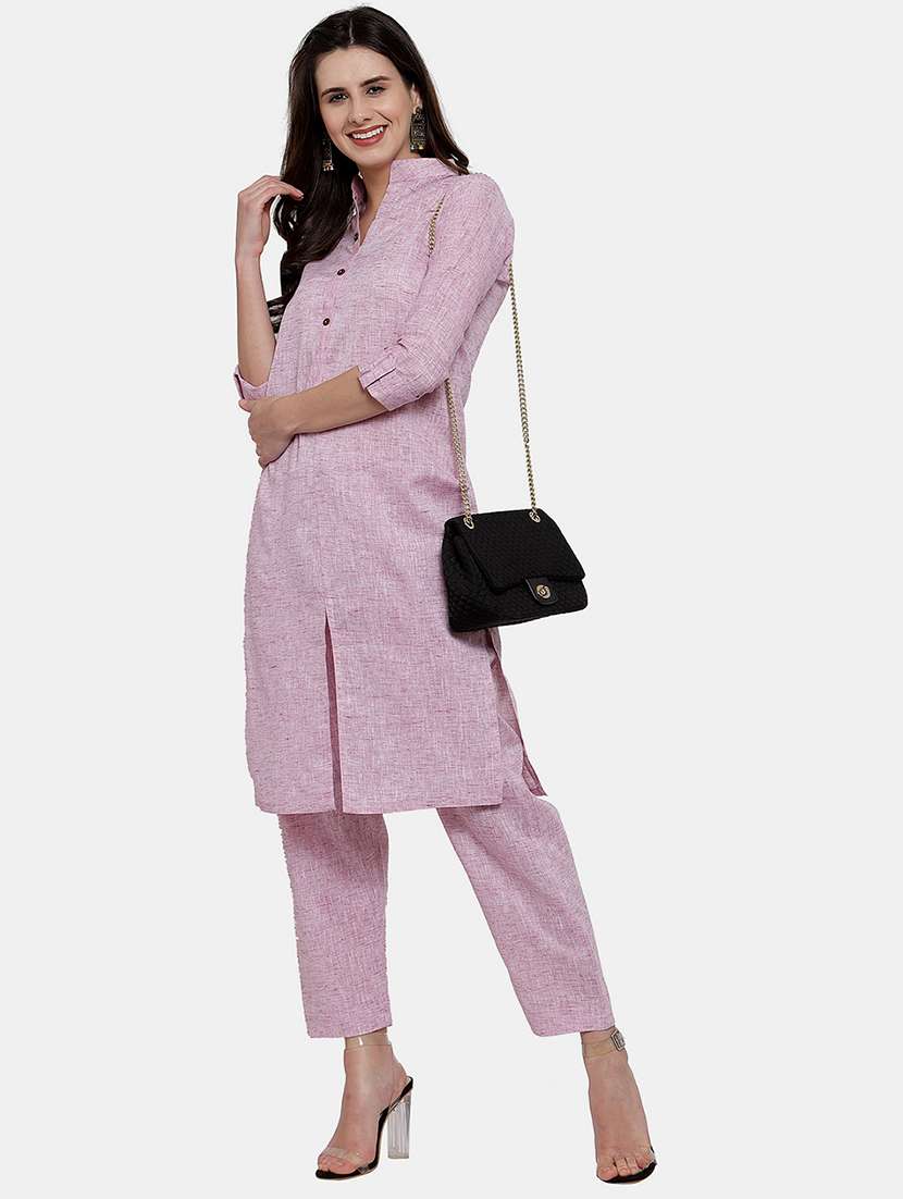 women solid three quarter sleeve kurta pant  set